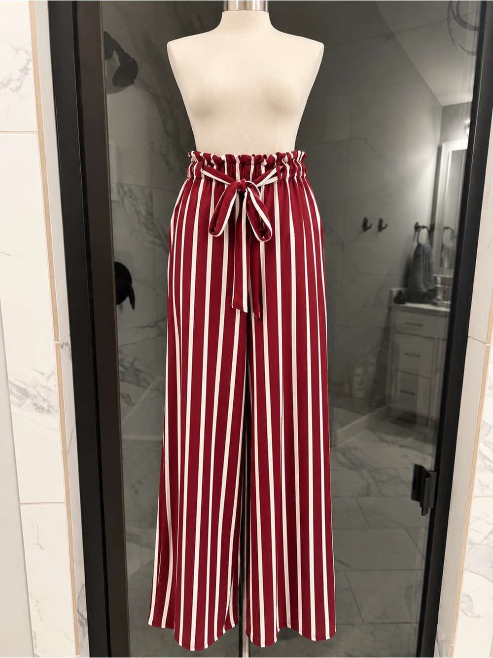 High-Waist Paperbag Wide-Leg Pants in Burgundy Stripe